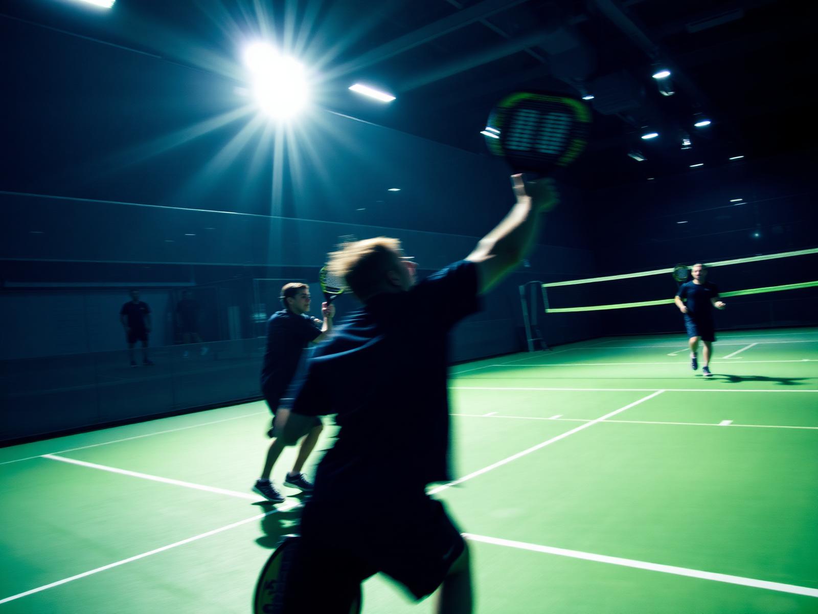 Padel players in action on an indoor court